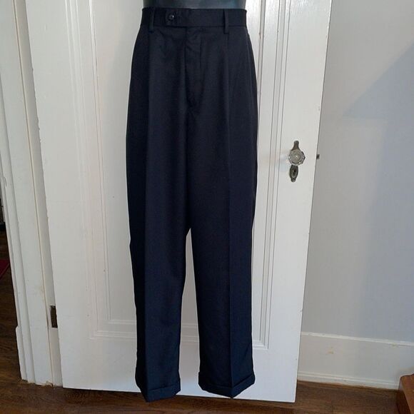Alan Flusser Golf black polyester pleat front cuff hem pants - Picture 1 of 7